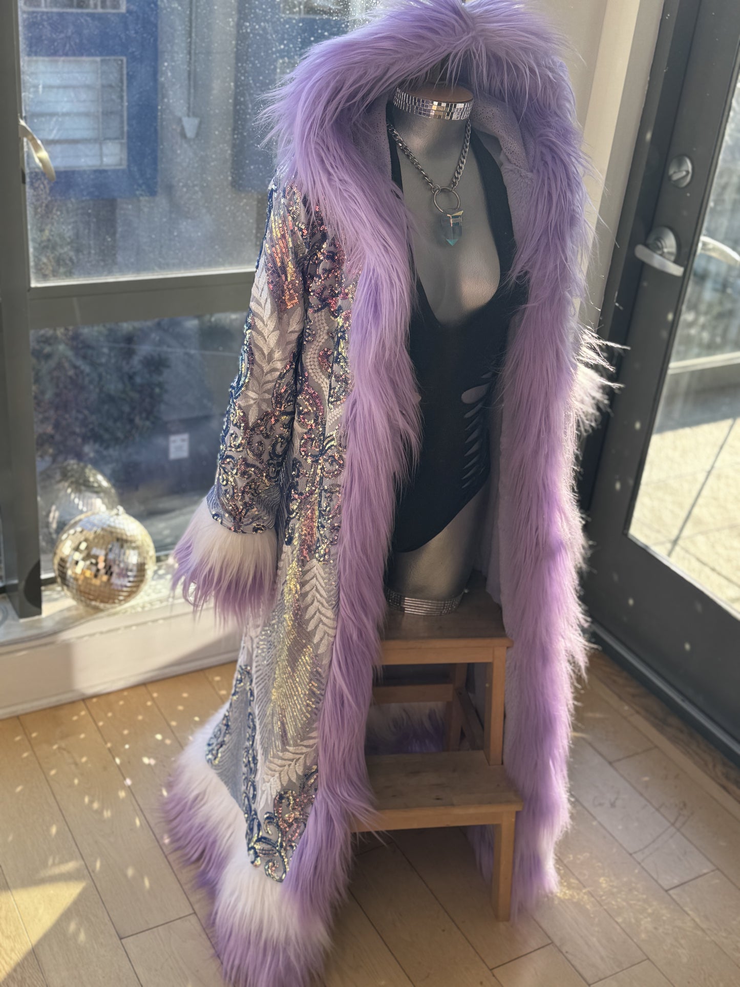 IRIDESCENT LAVENDER FEATHER - Custom Sequin Reversible Coat