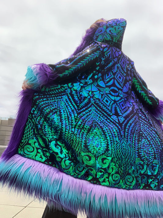 PEACOCK - Long Sequin Reversible Coat w/ Hood, Pockets, & Full Fur Trim- Made to Order